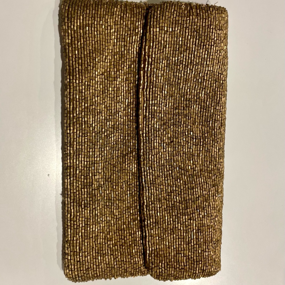 Metallic gold beaded fold-over clutch handbag - lightweight yet roomy.